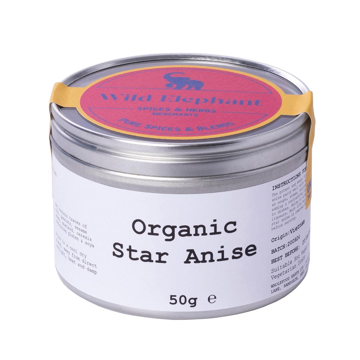 Organic star anise from Wild Elephant, 50g, whole spice in a clear jar, showcasing star-shaped aromatic seed pods.