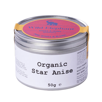 Organic star anise from Wild Elephant, 50g, whole spice in a clear jar, showcasing star-shaped aromatic seed pods.