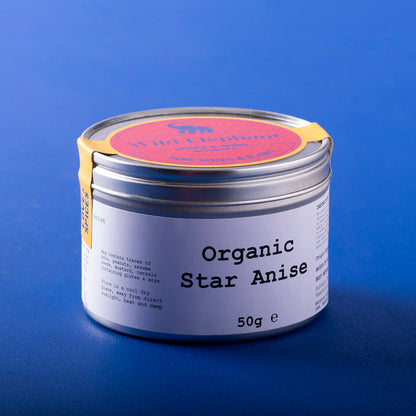 Organic star anise from Whole Food Earth, showing whole star-shaped spice in a 50g package, used for culinary and herbal purposes.