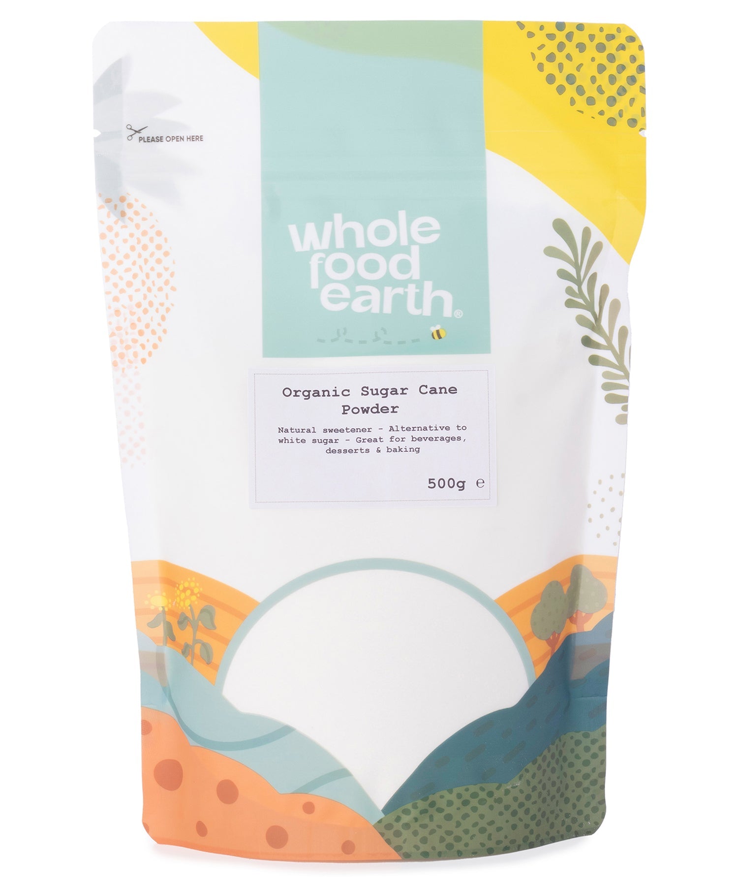 Organic sugar cane powder from Whole Food Earth, shown in a 500g bag, natural sweetener for baking and beverages.