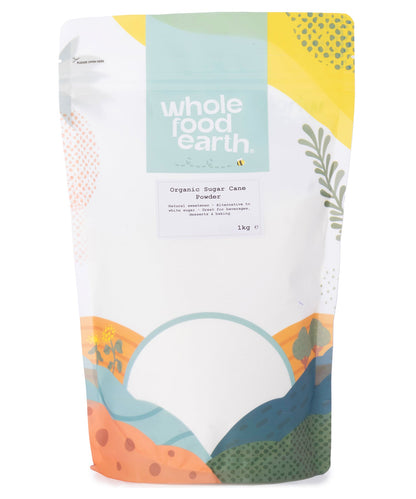 Organic sugar cane powder from Whole Food Earth, shown in a 1kg package, natural sweetener made from organic sugar cane.