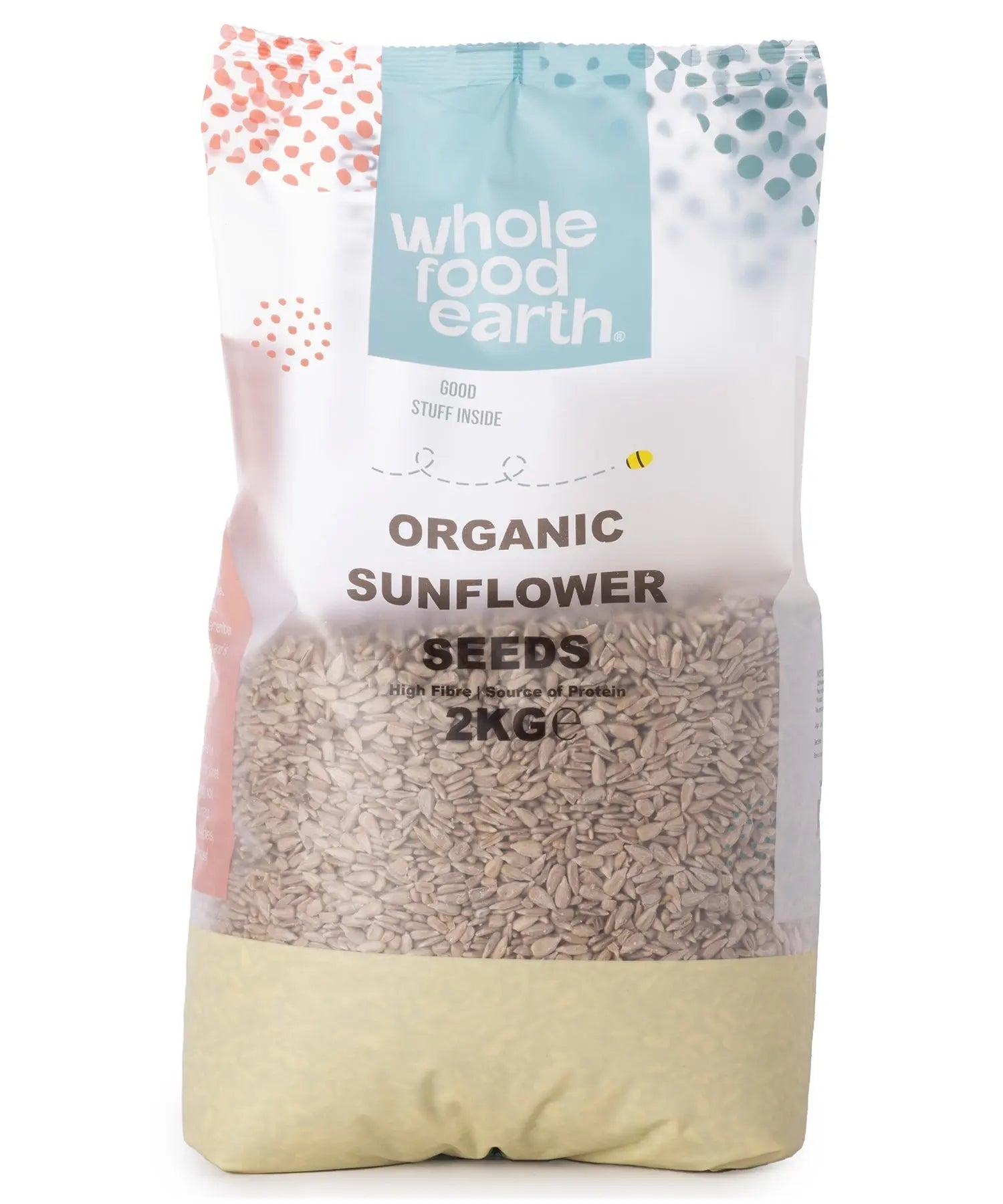 Two kilograms of organic sunflower seeds from Whole Food Earth, showcasing their natural, shelled appearance in a clear container.