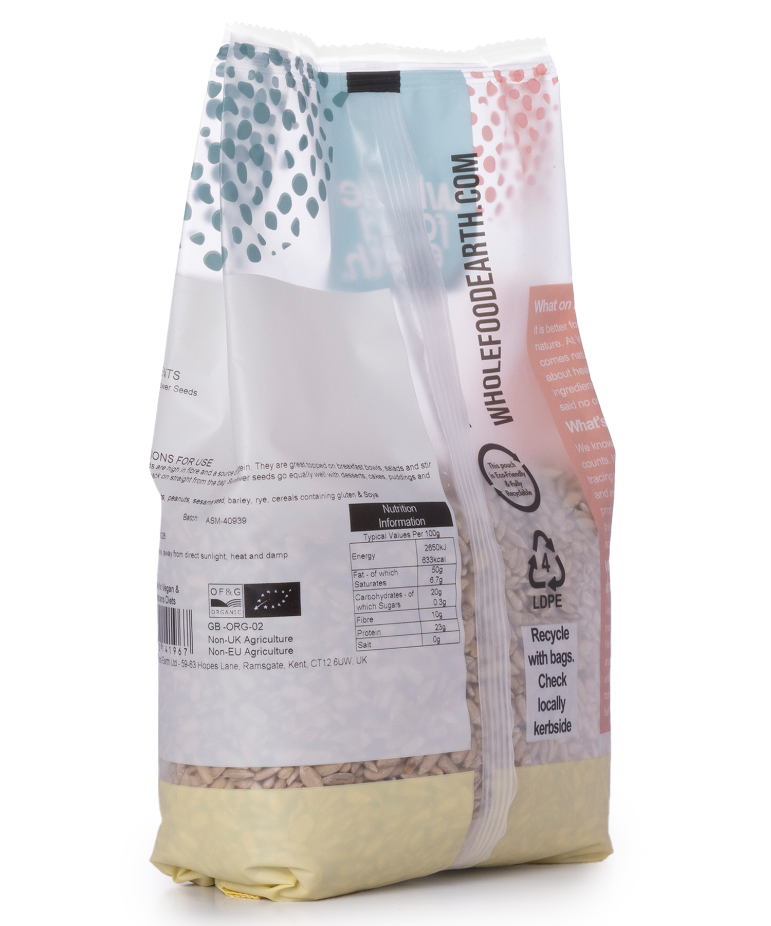 Organic sunflower seeds from Whole Food Earth, 500g package, close-up of shelled seeds, natural and fresh nuts and seeds.