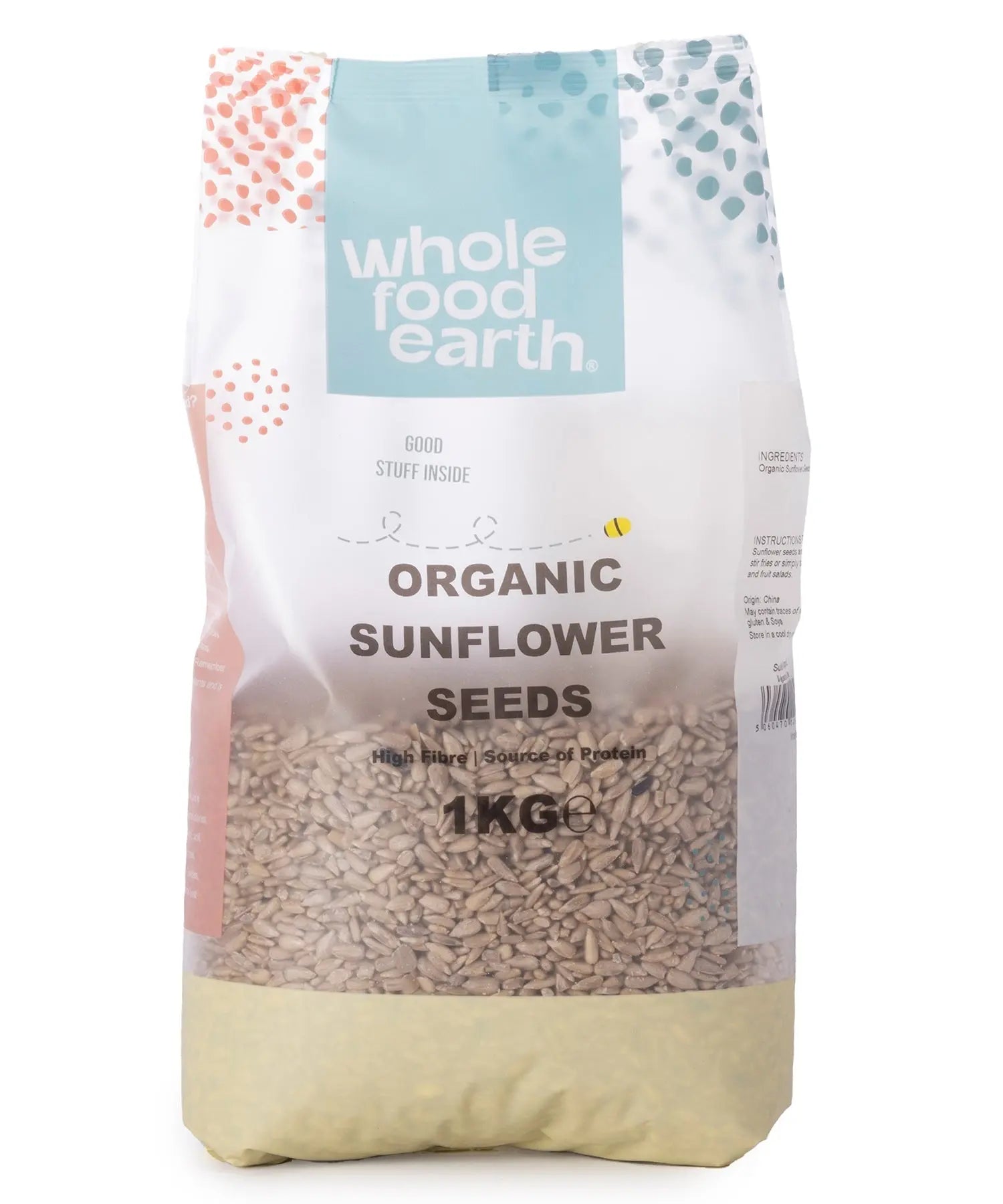 Organic sunflower seeds from Whole Food Earth, 1kg package, showing fresh, whole seeds in a clear view.