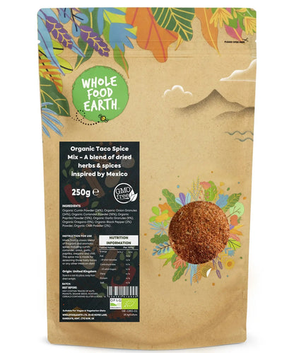 Organic Taco Spice Mix by Whole Food Earth, dried herbs and spices blend inspired by Mexico in a 250g package.