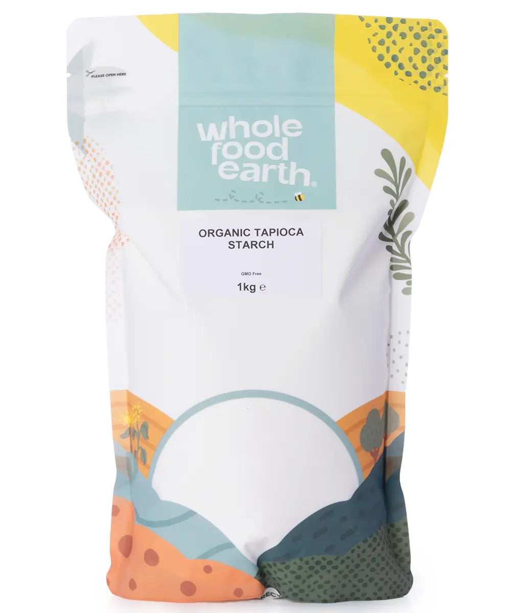 Organic tapioca starch in a 1kg bag from Whole Food Earth, gluten-free flour made from pure tapioca roots.