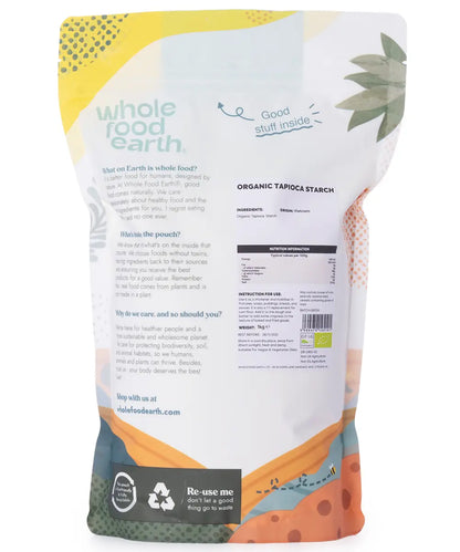 Organic tapioca starch from Whole Food Earth, 1kg bag, fine white flour used for gluten-free baking and thickening.