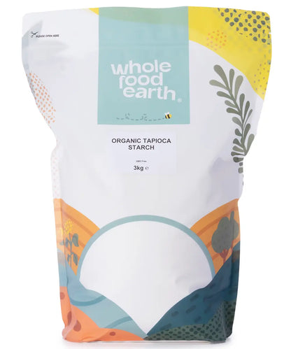 Organic tapioca starch in a clear bag from Whole Food Earth, 3kg package, fine white flour for cooking and baking.