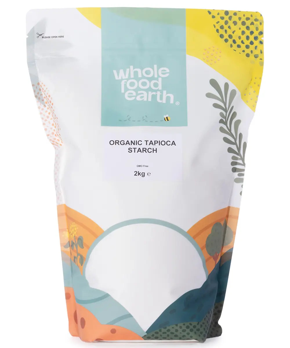 Organic tapioca starch in a 2kg bag from Whole Food Earth, fine white powder used as a gluten-free thickener and baking ingredient.