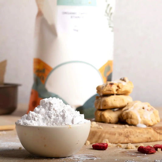 Organic tapioca starch in a natural kitchen setting, highlighting Whole Food Earth brand as a versatile flour and grain.