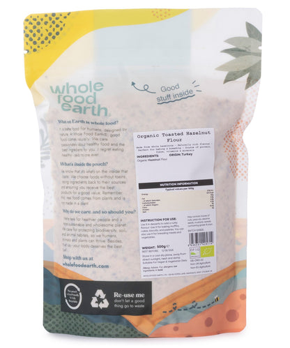 Organic toasted hazelnut flour in a 500g package, gluten-free and nutty, from Whole Food Earth, suitable for baking and recipes.