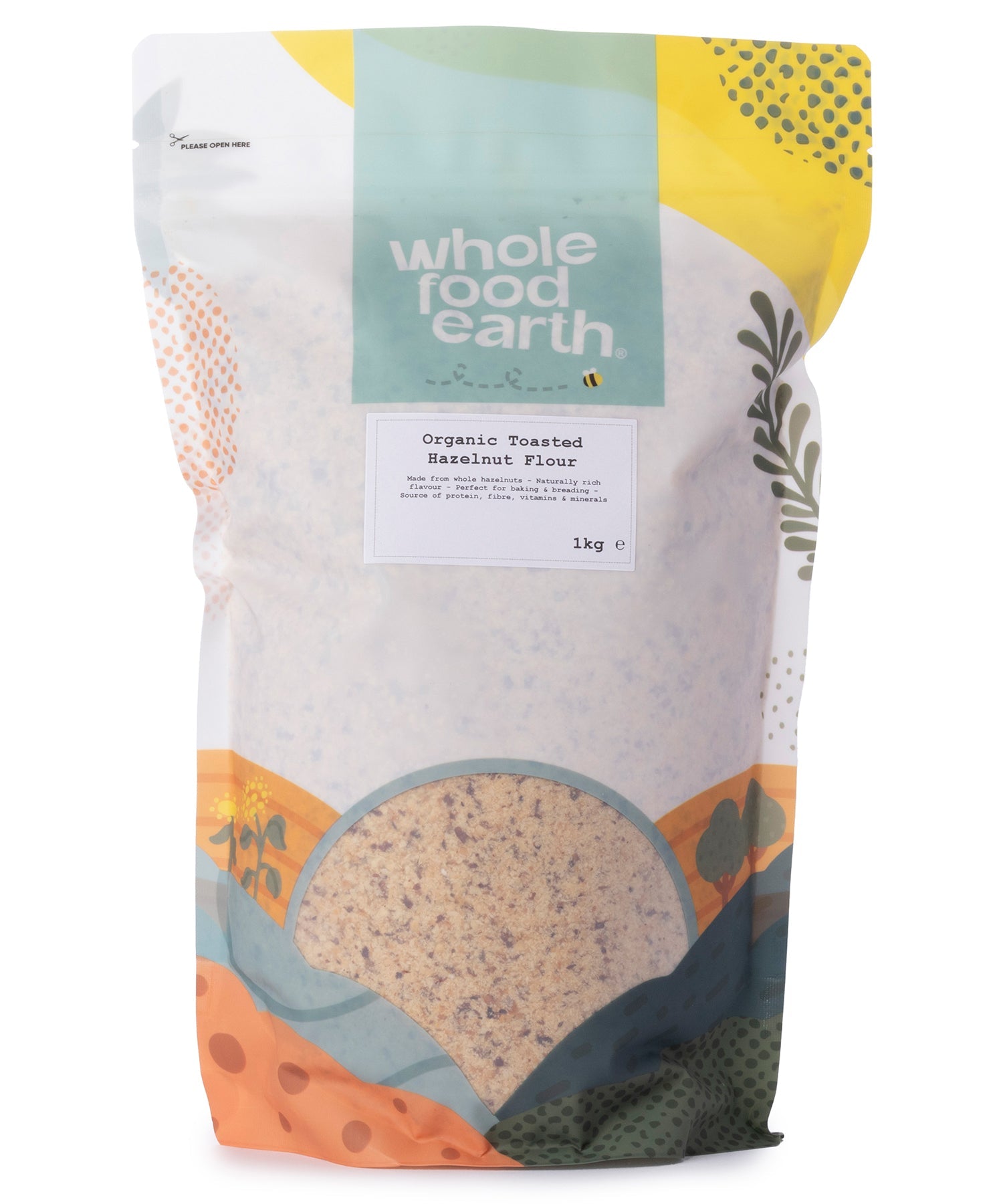 Organic toasted hazelnut flour from Whole Food Earth, 1kg package, premium gluten-free nut flour for baking and cooking.