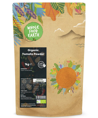 Organic tomato powder from Whole Food Earth in a 1kg bag, finely ground herbal spice with vibrant red color.