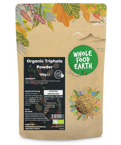Organic Triphala Powder from Whole Food Earth, a natural herbal spice blend in a 100g package, shown in a clear container.