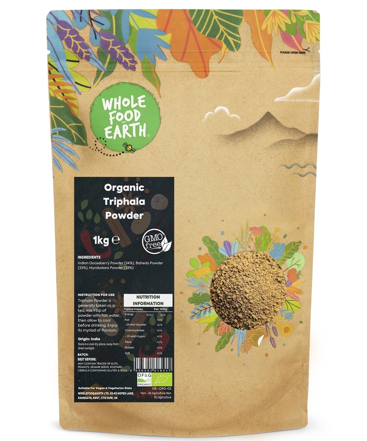 Organic Triphala powder in a 1kg package from Whole Food Earth, showcasing fine, natural herbal spice blend for traditional health use.