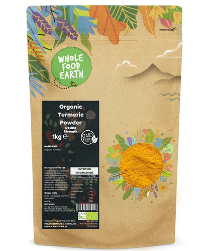 Organic turmeric powder in a 1kg bag from Whole Food Earth, showcasing vibrant yellow-orange herbal spice for cooking and health.
