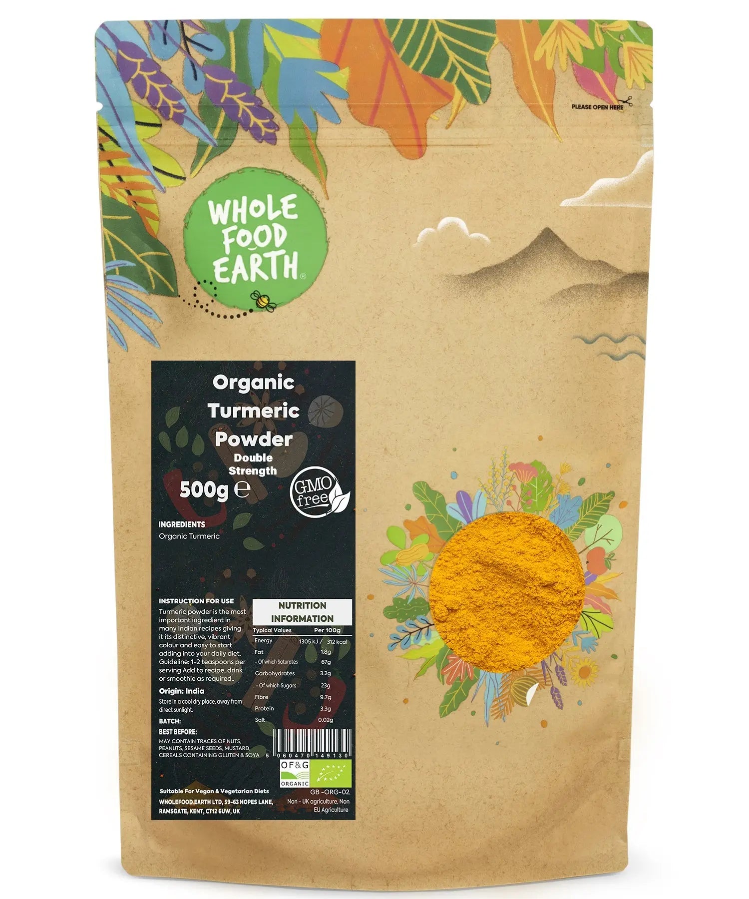 Organic turmeric powder double strength in 500g bag, herbal spice by Whole Food Earth, vibrant orange powder for cooking and health.