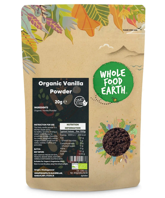 Organic vanilla powder from Whole Food Earth, 20g jar, finely ground vanilla bean powder in a clear glass container.