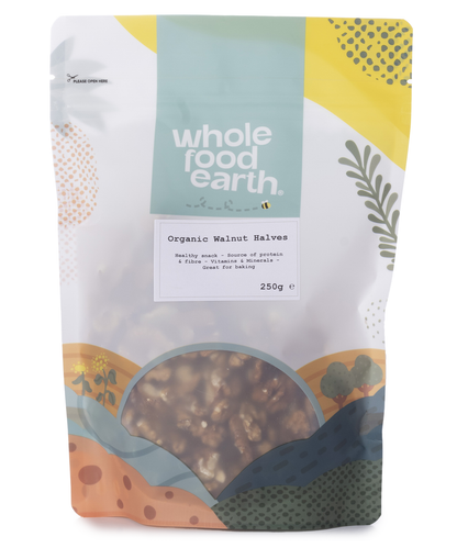 Organic walnut halves from Whole Food Earth, showing golden-brown, crunchy walnut pieces in a 250g package.