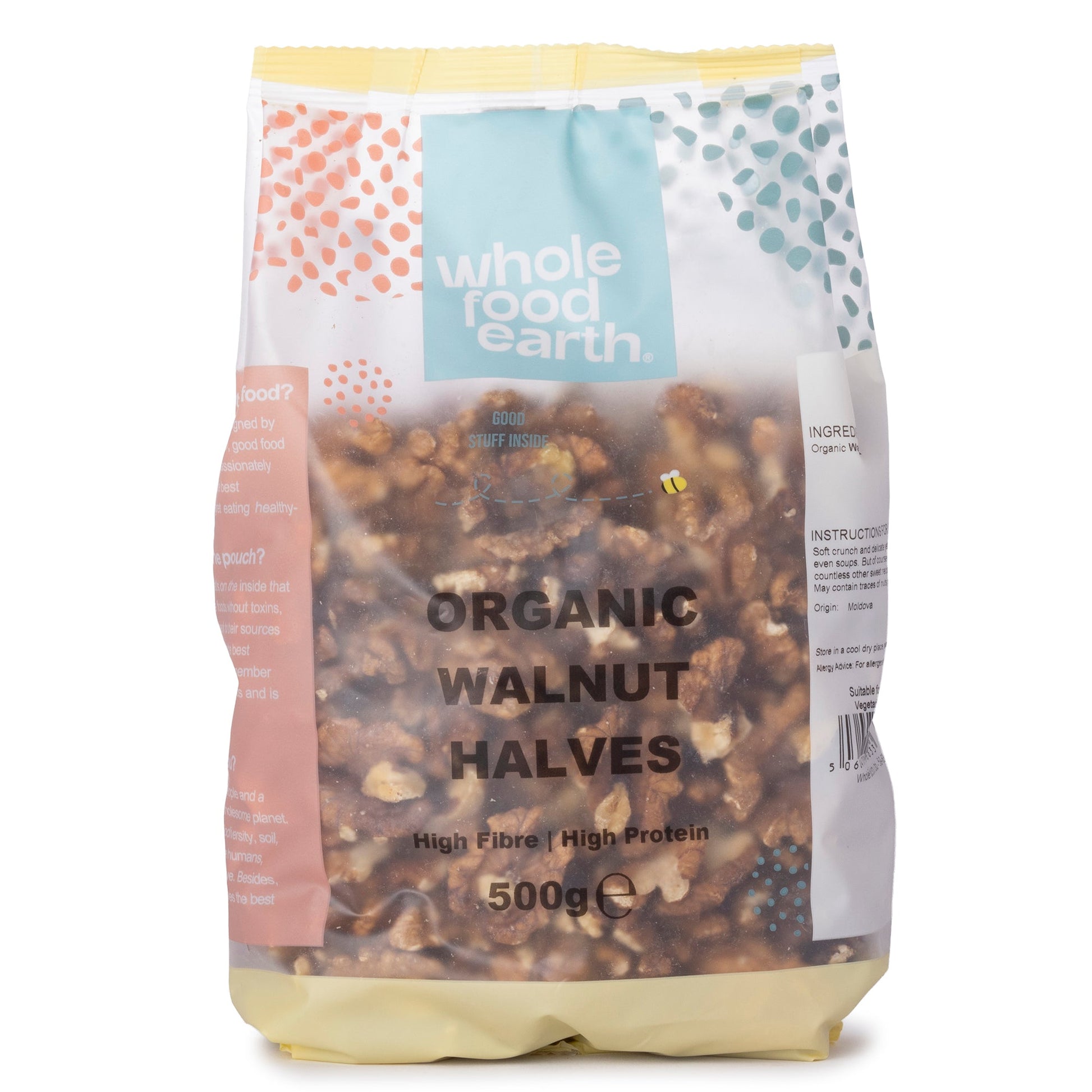 Organic Walnut Halves from Whole Food Earth, showing golden-brown walnut pieces in a clear bowl, ideal for snacking or baking.