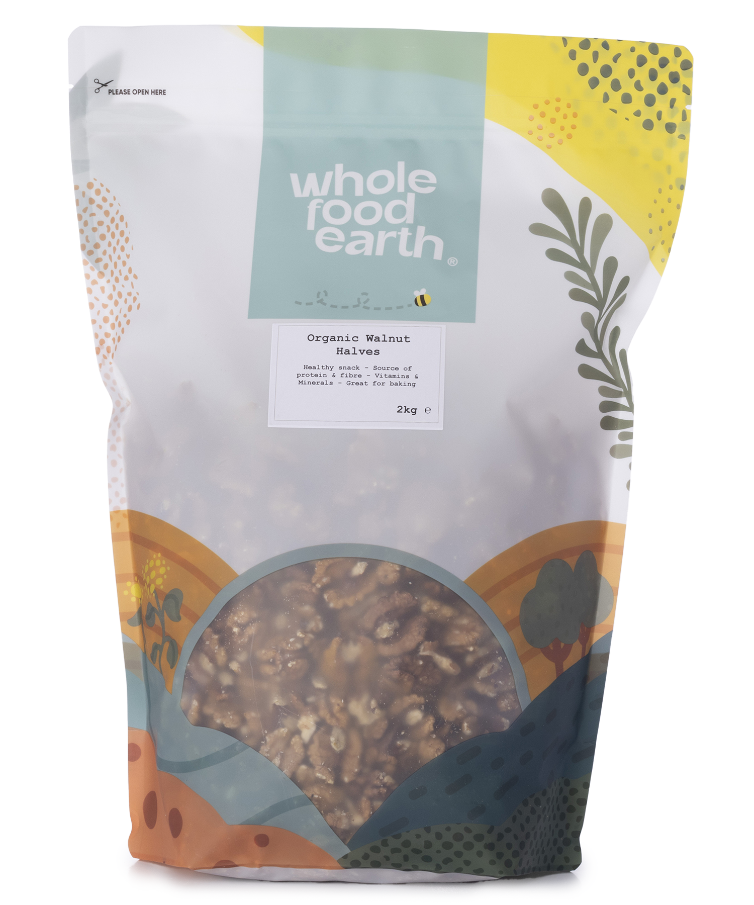 Organic walnut halves from Whole Food Earth in a clear bowl, showcasing their rich, natural brown color and crunchy texture.