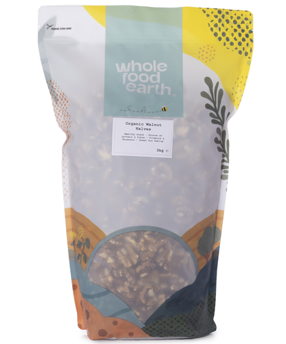 Organic walnut halves from Whole Food Earth, showing whole, crunchy walnuts in a bowl, perfect for snacking or baking.