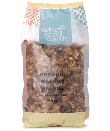 Organic walnut halves from Whole Food Earth, showing a close-up of light brown, crunchy walnut pieces on a white background.