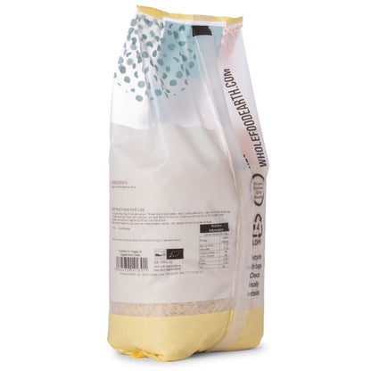 Organic White Basmati Rice from Whole Food Earth in a 1kg bag, showing fluffy, long-grain rice ready for cooking.