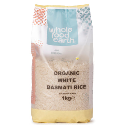 Organic White Basmati Rice from Whole Food Earth in a 1kg package, showing long, slender grains of rice on a white background.