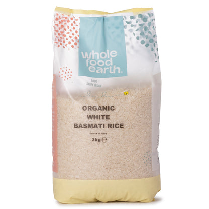 Organic white Basmati rice from Whole Food Earth, showcasing a 3kg bag of long-grain rice with a clean, white appearance.