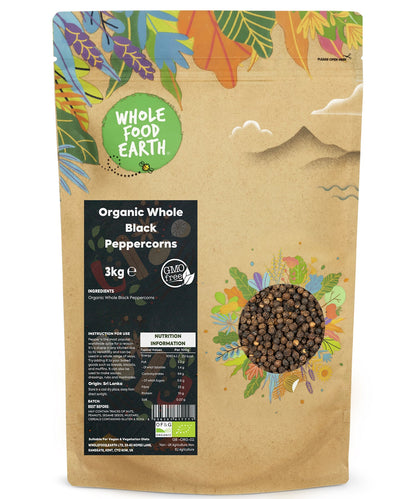 Whole Food Earth organic black peppercorns in a 3kg bag, whole herbs and spices for cooking and seasoning.