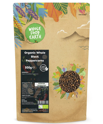 Organic Whole Black Peppercorns from Whole Food Earth, showing a close-up of whole, dark peppercorns in a jar.