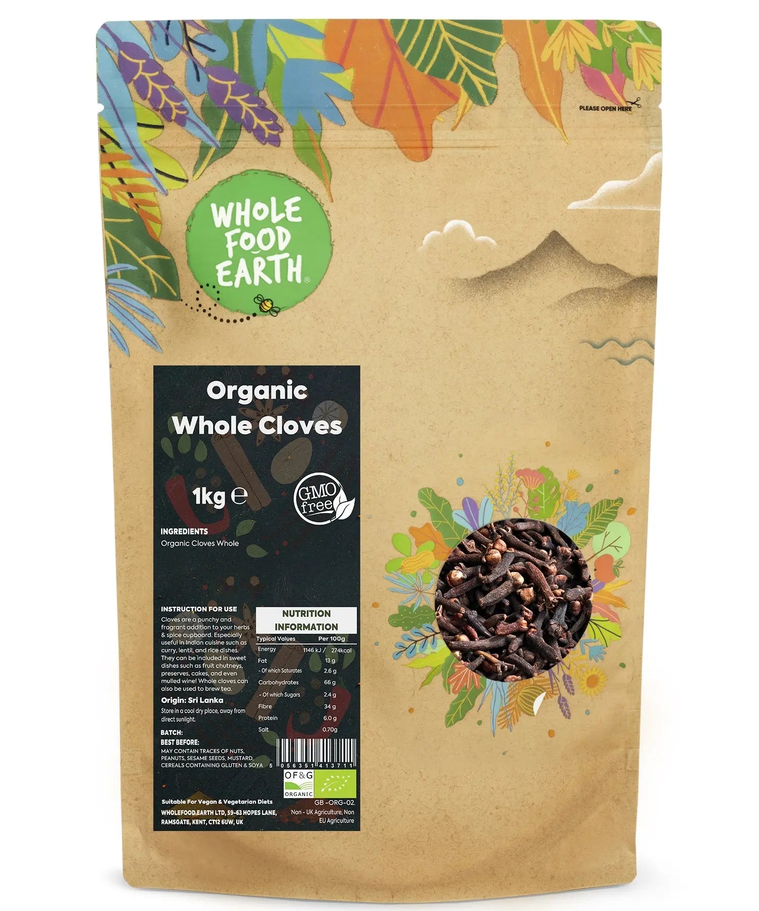 Organic Whole Cloves from Whole Food Earth, 1kg bag, showing dried whole cloves used as a flavorful herb and spice.