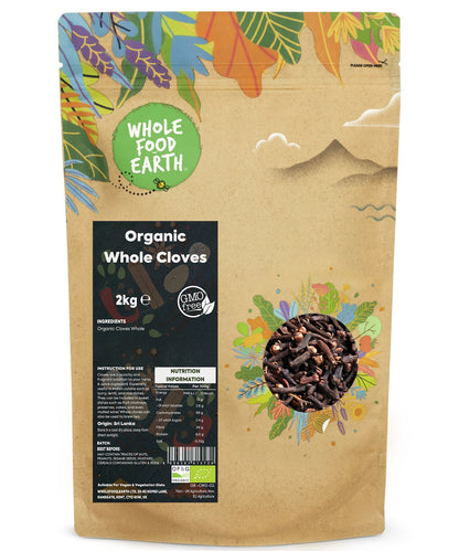 Organic Whole Cloves from Whole Food Earth, showing a close-up of whole dried cloves in a clear jar on a white background.
