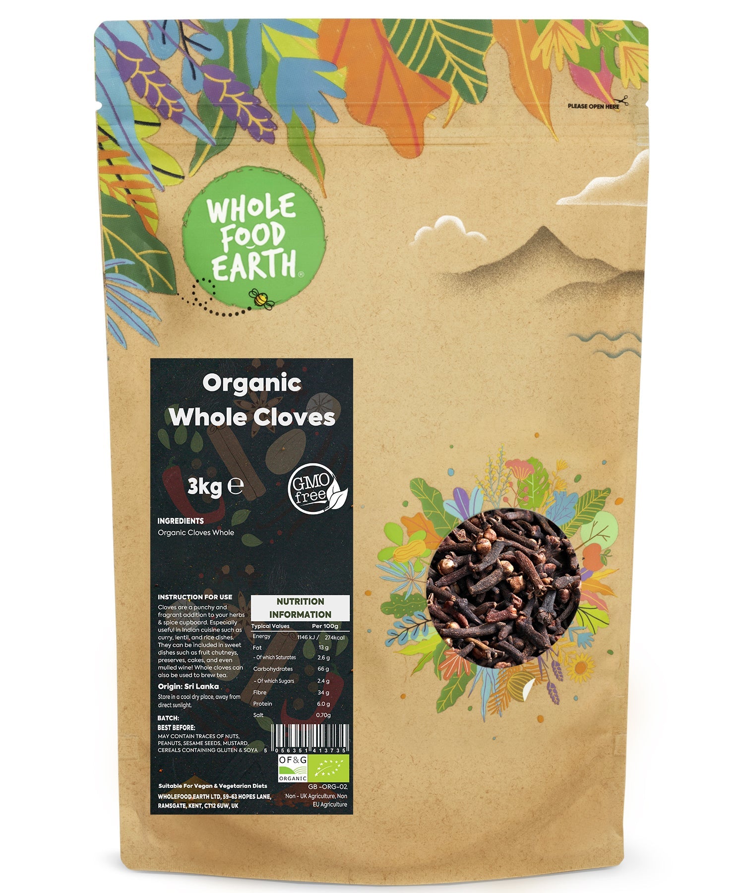 Organic Whole Cloves from Whole Food Earth, 3kg, showing a close-up of whole dried cloves in a jar.