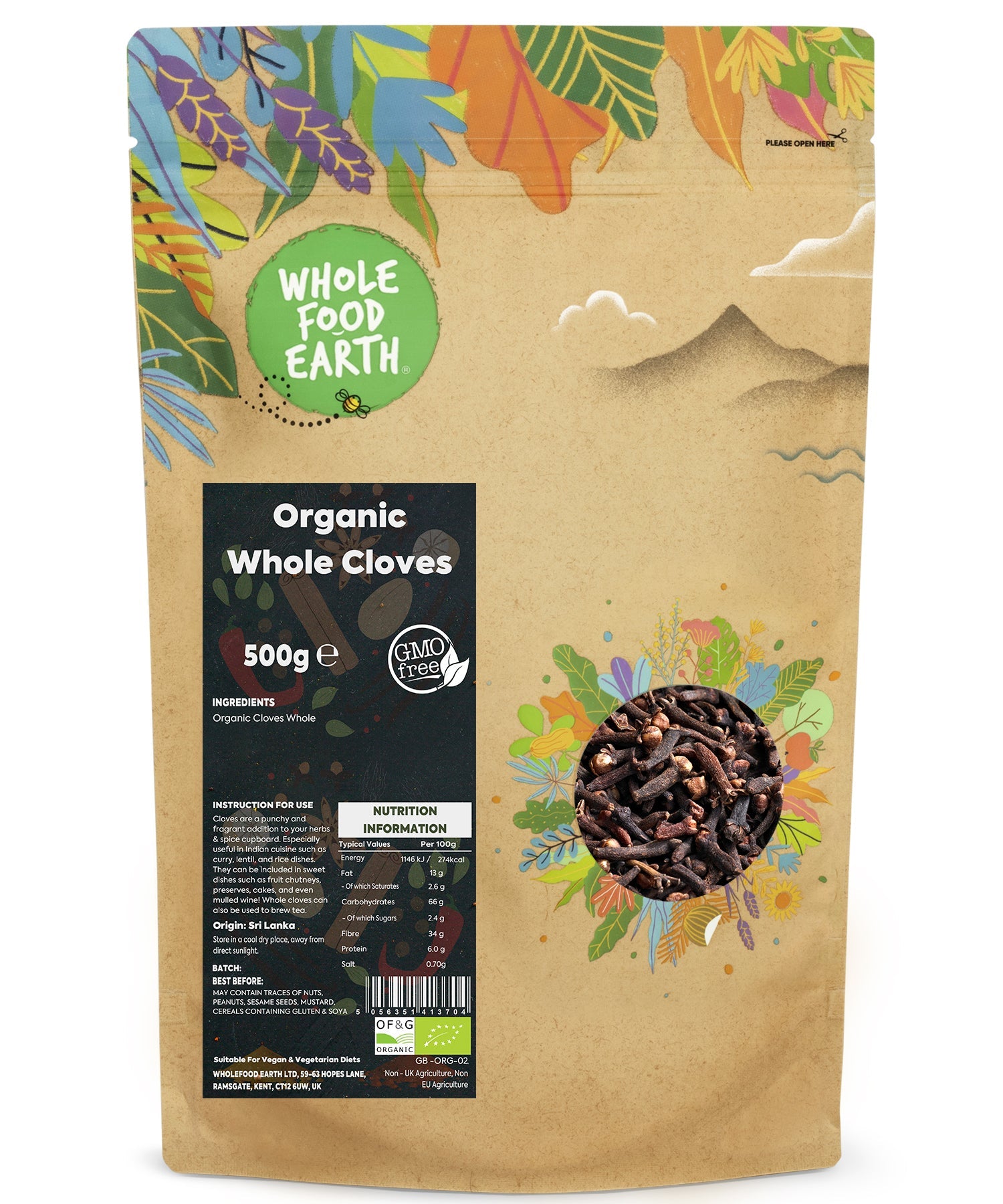 Organic Whole Cloves from Whole Food Earth, 500g, fresh whole spices with aromatic, dried cloves for cooking and baking.