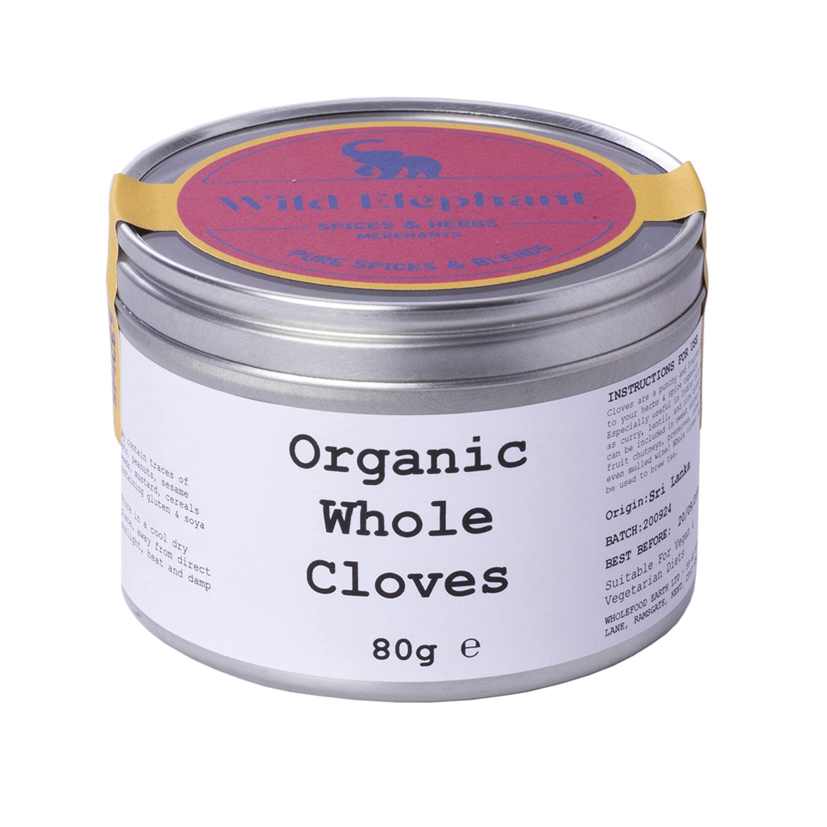 Organic Whole Cloves from Whole Food Earth, wild-harvested herbs and spices, showing whole dried cloves in a clear container.