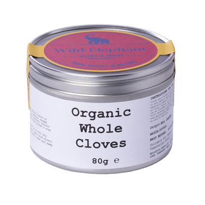 Organic Whole Cloves from Whole Food Earth, wild-harvested herbs and spices, showing whole dried cloves in a clear container.