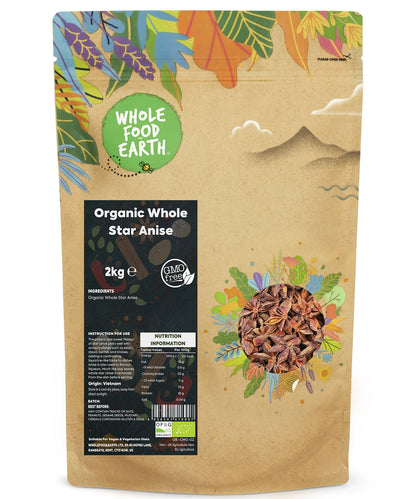 Organic Whole Star Anise from Whole Food Earth, showing whole star-shaped spice grains on a natural background.