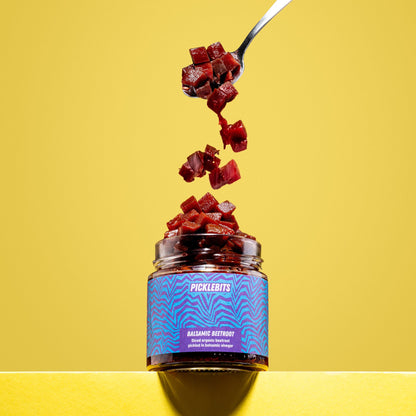 Organic chopped balsamic pickled beetroot from PICKLEBITS with vibrant beet pieces in a jar