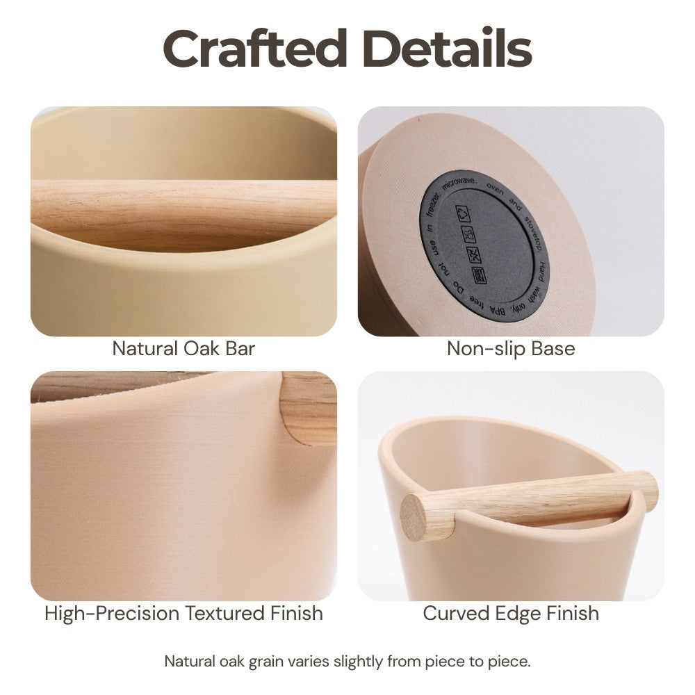 Oval coffee knock box with real oak wood bar from KNOCDIC®, showcasing its oval shape and sturdy wooden handle for espresso pucks.