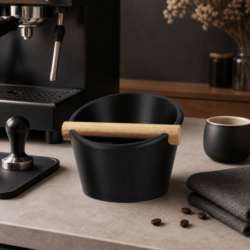 KNOCDIC® Oval Coffee Knock Box with real oak wood bar, ideal for espresso machines and coffee enthusiasts.