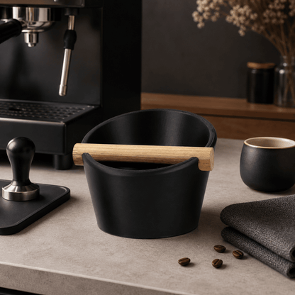 KNOCDIC® Oval Coffee Knock Box with real oak wood bar, ideal for espresso machines and coffee enthusiasts.