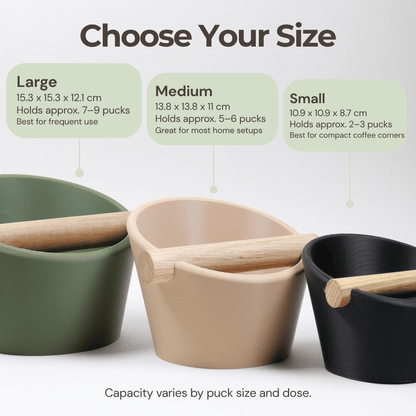 Oval coffee knock box with real oak wood bar by KNOCDIC®, featuring a sleek oval shape and durable construction for espresso prep.