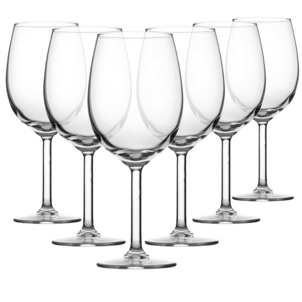 Set of six Reserva Wine Glasses by Glassware UK, 580ml capacity, clear glass with elegant shape for red or white wine.