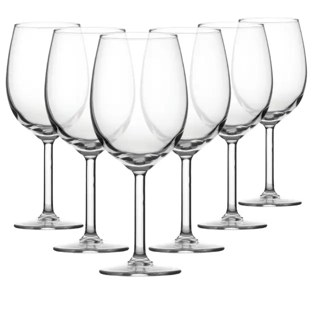 Set of six Reserva Wine Glasses by Glassware UK, 580ml, clear glass with elegant stem and bowl for wine presentation.
