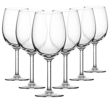 Set of six Primetime Bordeaux wine glasses by Glassware UK, 505cl, clear glass with elegant bowl and long stems.