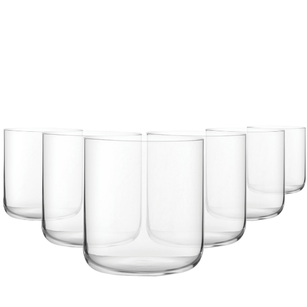 Six Finesse Whisky Tumblers by Glassware UK, 300ml clear glass set with rounded rims and sturdy bases for elegant whisky drinking.