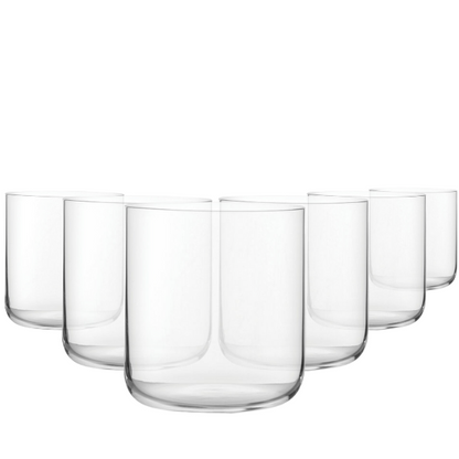 Six Finesse Whisky Tumblers by Glassware UK, 300ml clear glass set with rounded rims and sturdy bases for elegant whisky drinking.