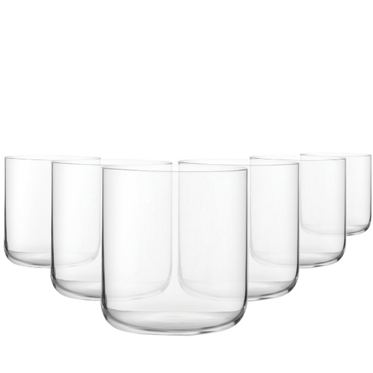 Six Finesse Whisky Tumblers by Glassware UK, 300ml clear glass set with rounded rims and sturdy bases for elegant whisky drinking.